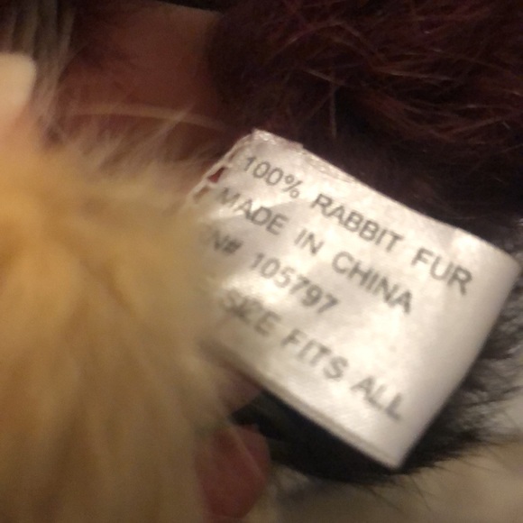 Vintage 100% rabbit fur three- strand pom-poms scarf. Burgundy black and beige. - Picture 5 of 8